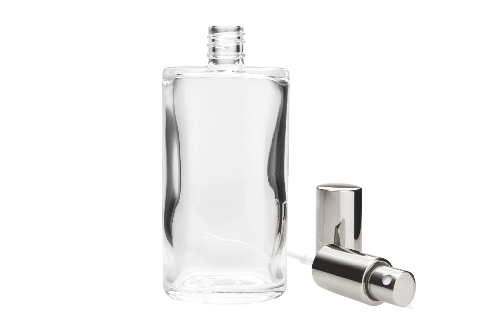 Fantasia Klarglas-Flasche, oval, Kappe, Zerstäuberpumpe Fantasia Klarglas-Flasche, oval, Kappe, Zerstäuberpumpe